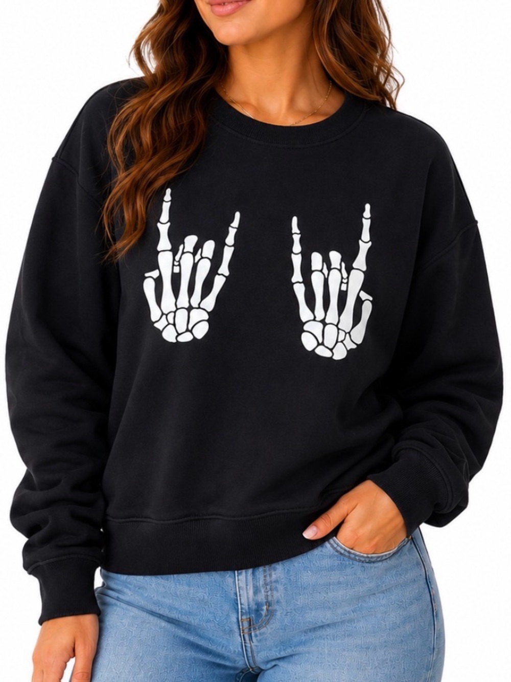 Black Sweatshirt with Skeleton Hand Graphic Halloween bones SZ MD